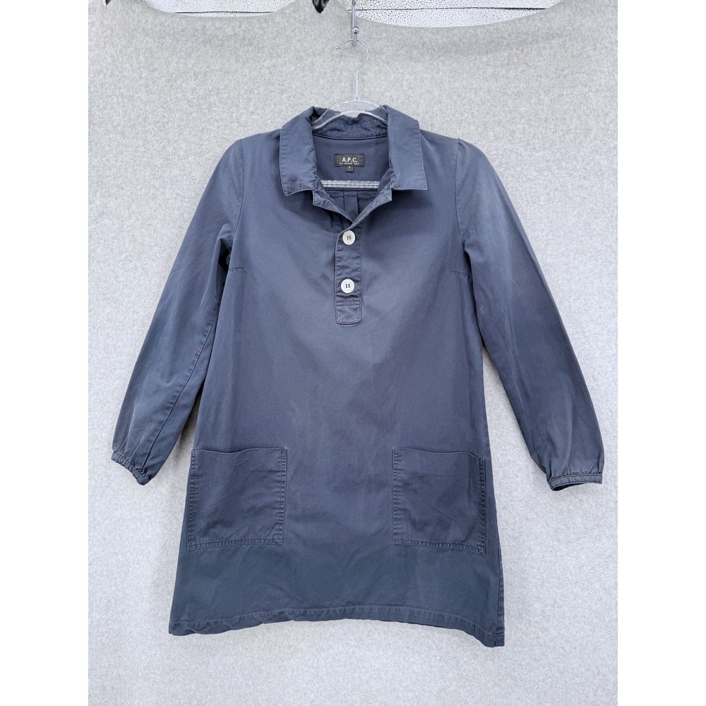 A.P.C. Women Small Navy Cotton Brushed Denim Utilitarian Chic Shirt Dress